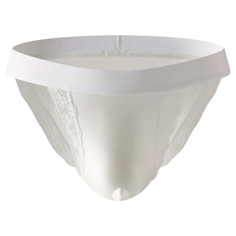 Satin-like Comfortable Men Panties Lace Trim Briefs Sexy High Fork Bikinis Underwear Breathable Low Waist Pouch
