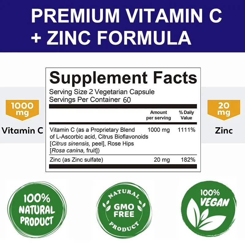 C-vitamin cinkkel Biológiailag hozzáférhető aszkorbinsav, cink-oxid, nem GMO és gluténmentes kiegészítő