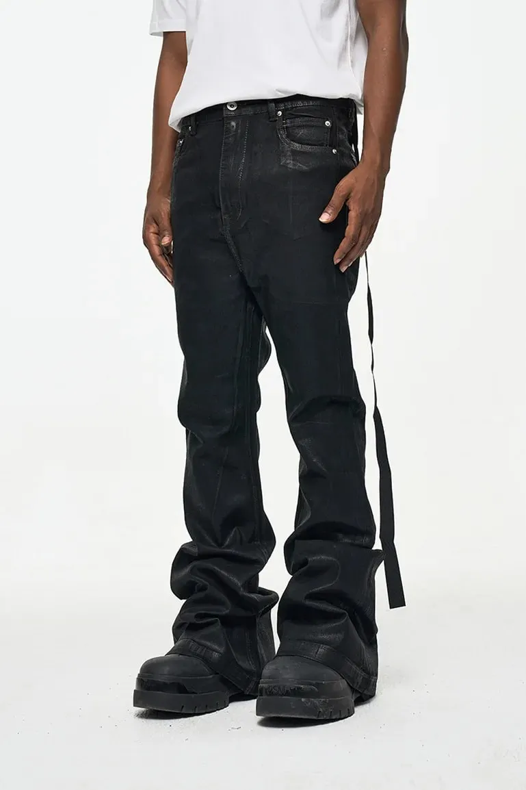 2026 High Street Coated Brushed Micro-flared Floor-length Jeans for Men Retro Street Wear Loose Micro-elastic Waxed Pants — image 9