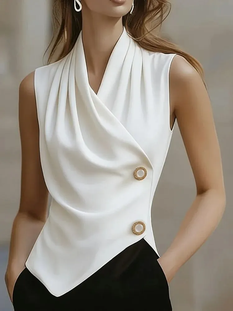 Simple and Elegant Charm High-End Feel Irregular Hem Pleated Neckline V-Neck Sleeveless Top Women's Clothing