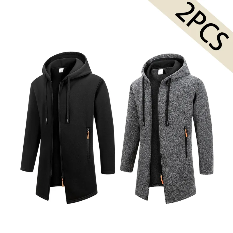 2Pcs 세트 남성 중간 길이 전체 지퍼 후드 자켓 양털 안감 따뜻한 코트와 Drawstring 후드 & 지퍼 포켓 캐주얼 겉옷 가을 겨울 데일리웨어