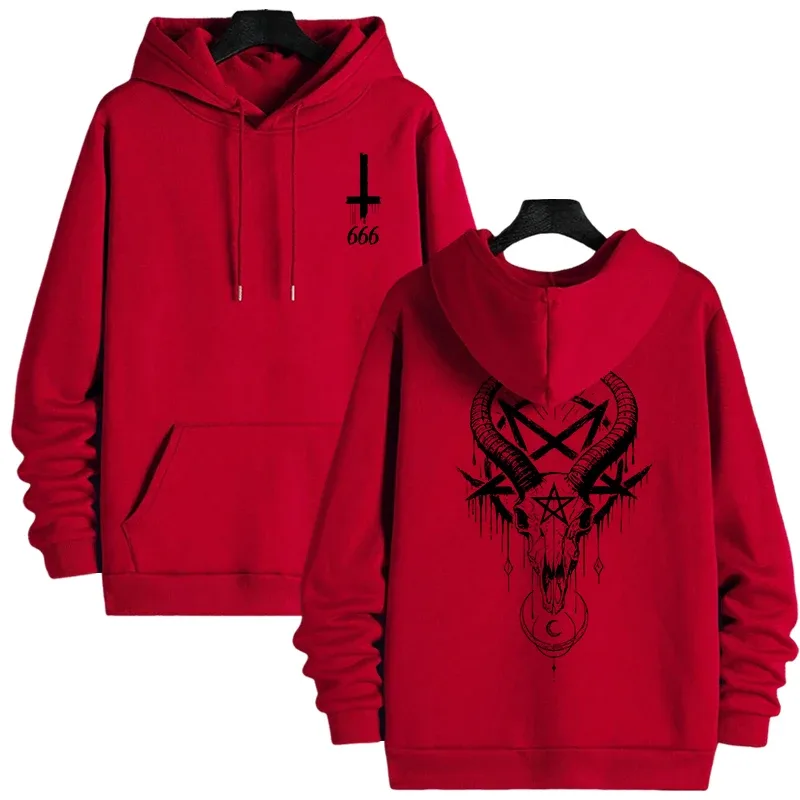 Musim Gugur Musim Sejuk Lelaki Topi Pullover Kasual 666 & Salib Terbalik Hoodies Gothic Lelaki Bercetak Seram Setan Baju Jalanan — image 6