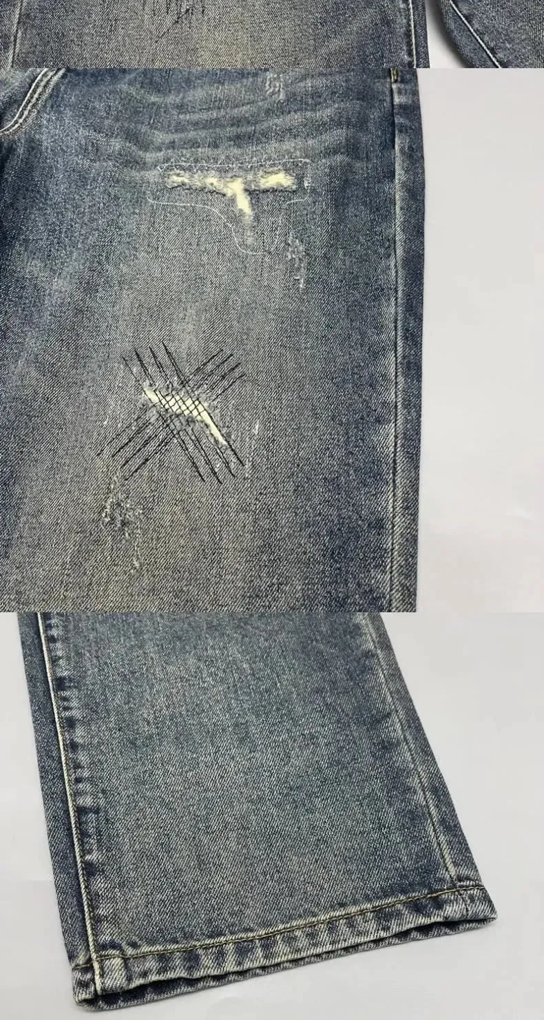 2025Heavy Duty Washed and Scraped Denim Men's Trendy High-end Embroidered Printed Loose Tapered Straight Leg Jeans