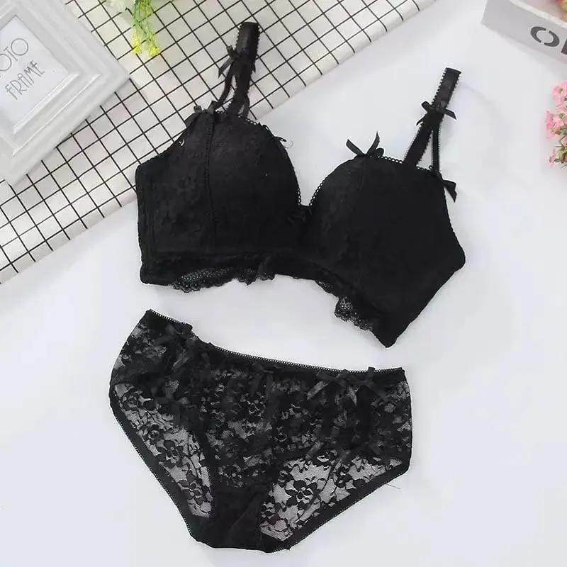 Bagong Sweet Seamless Lace Push Up Lingerie Para sa mga Babae Maliit na Breast Gathering Non-steel Ring Adjustable Bra Set