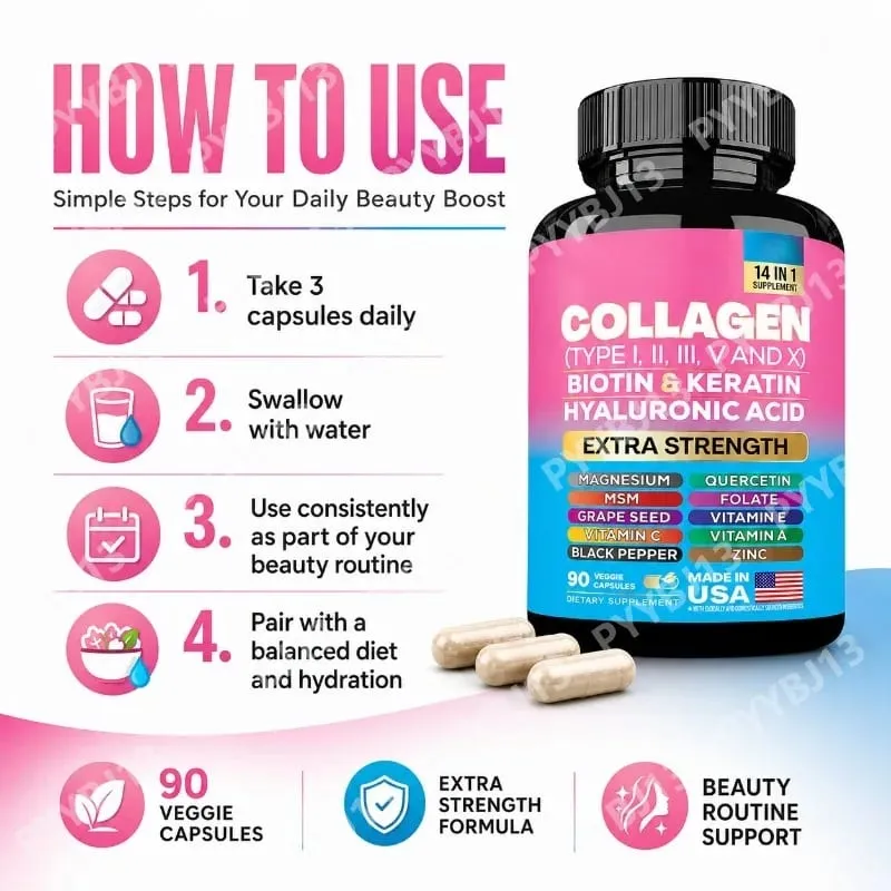 Collagen Biotin Keratin Hyaluronic Acid Capsules Extra Strength with Vitamin A C E and Zinc Skin Health 90 Κάψουλες — image 2