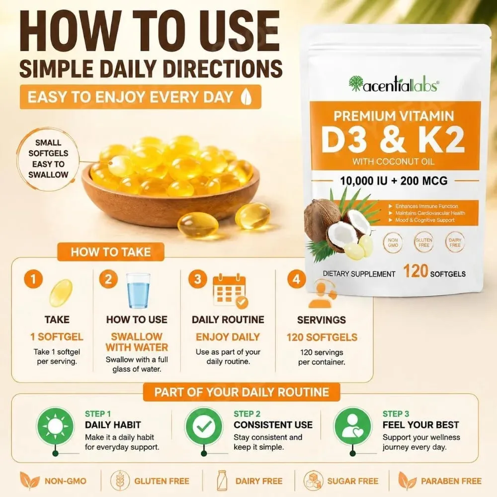 AcentiaLabs Vitamin D3 & K2 Softgels with Coconut Oil Immune Function and Bone Support Gluten Free Non-GMO 120 Softgels — image 6