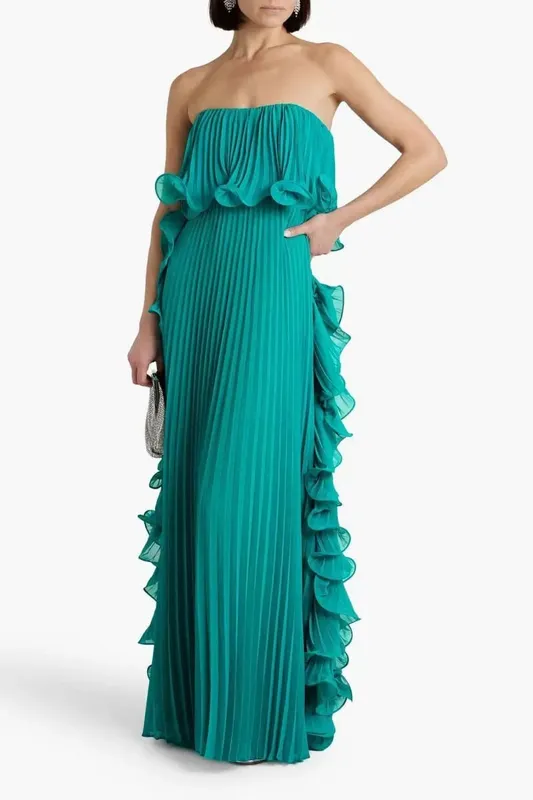 Trendy Women Summer Holiday Dress Orange Pleated Chiffon Long Formal Dresses Custom Made Ruffled Strapless Beach Party Dress — image 9