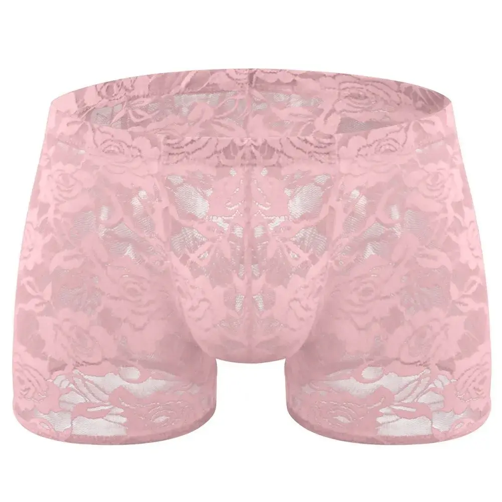 Men See Through Lace Boxer Shorts Bulge Pouch Low Waist Underwear Solid Panties Elastic Waist Breathable Transparent Underwear