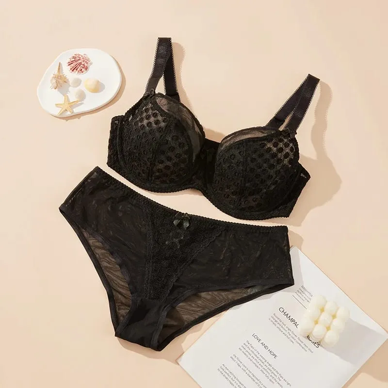 Γυναικείο Curvy Plus Size Πουά Δαντελένιο Σετ εσώρουχα Underwire Support Full Figure Big Cup E F G H I Εσώρουχα που αναπνέουν 2τμχ — image 7
