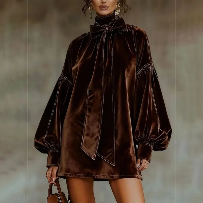 Amerikai retro magas gallérú lámpás ujjú hosszú ujjú csokornyakkendő elegáns bársony női mini ruhák alkalmi őszi High Street ruha — image 2