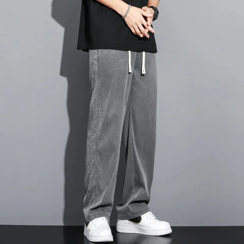 S-5XL 6Style Men's Loose Jeans Summer Soft Lyocell Thin Fabric Straight Pants Drawstring Elastic Waist Korea Casual Trousers Y2K