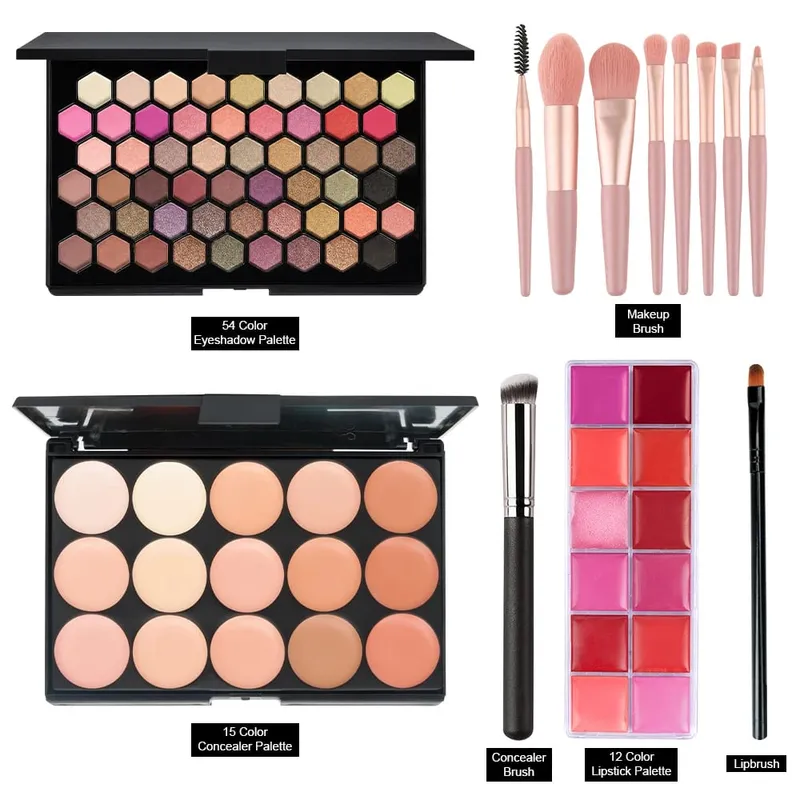 6 Buah Kit Rias 54 Warna Palet Eyeshadow 15 Warna Palet Concealer 12 Warna Lip Gloss dengan 9 Buah Kuas Kuas Bibir Set Lengkap