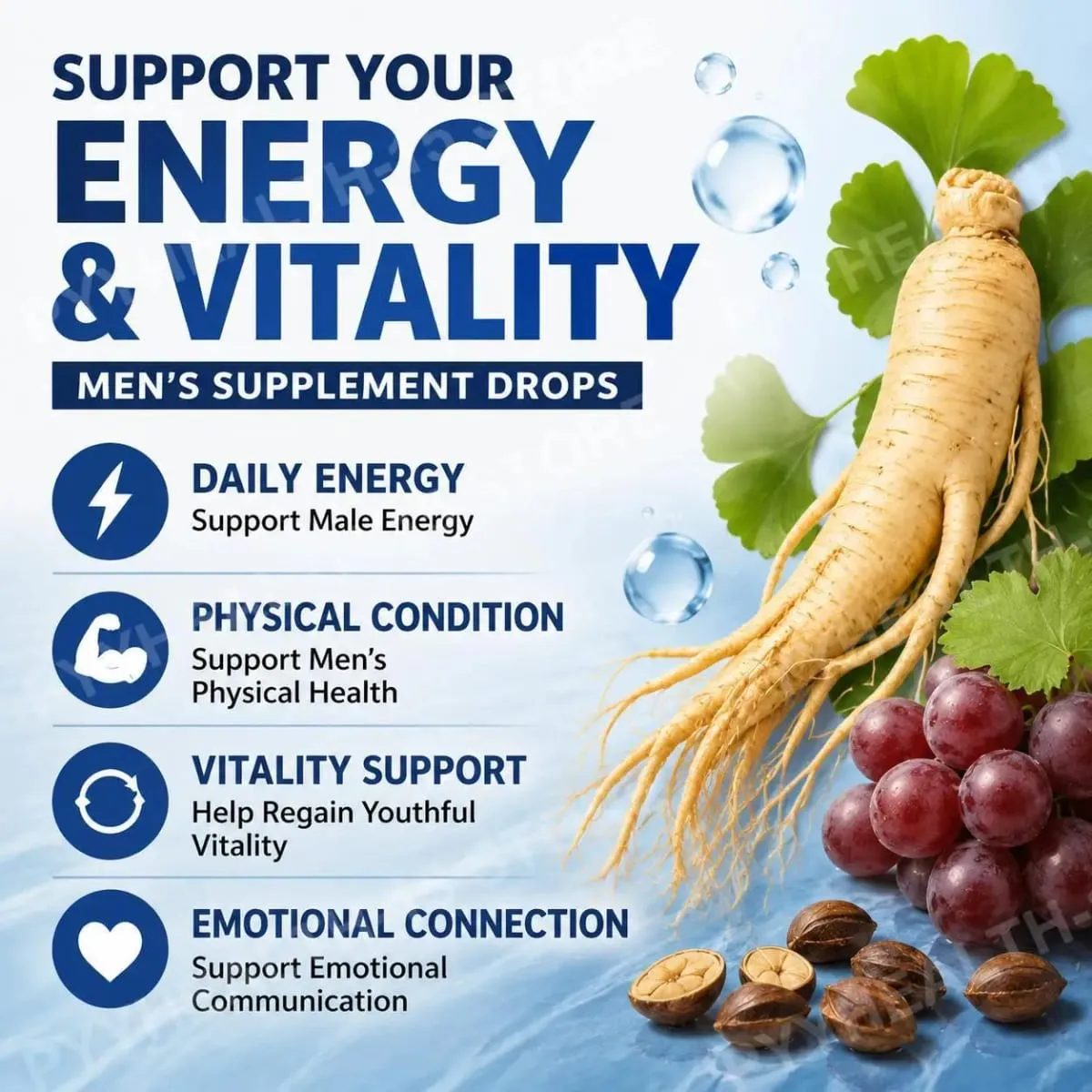 Men's Supplements Drops with Panax Ginseng Ginkgo Biloba Grape Seed and Vitamin B12 for Energy & Daily Vitality Support 30 ML