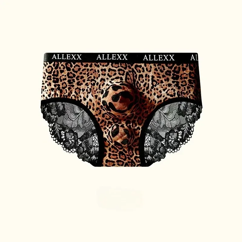 Men's Sexy Briefs Sheer Lace Ice Silk Panties Leopard Printed Letter Sissy Lingerie Bullet Separation Pouch Ultra-Thin Underwear — image 9