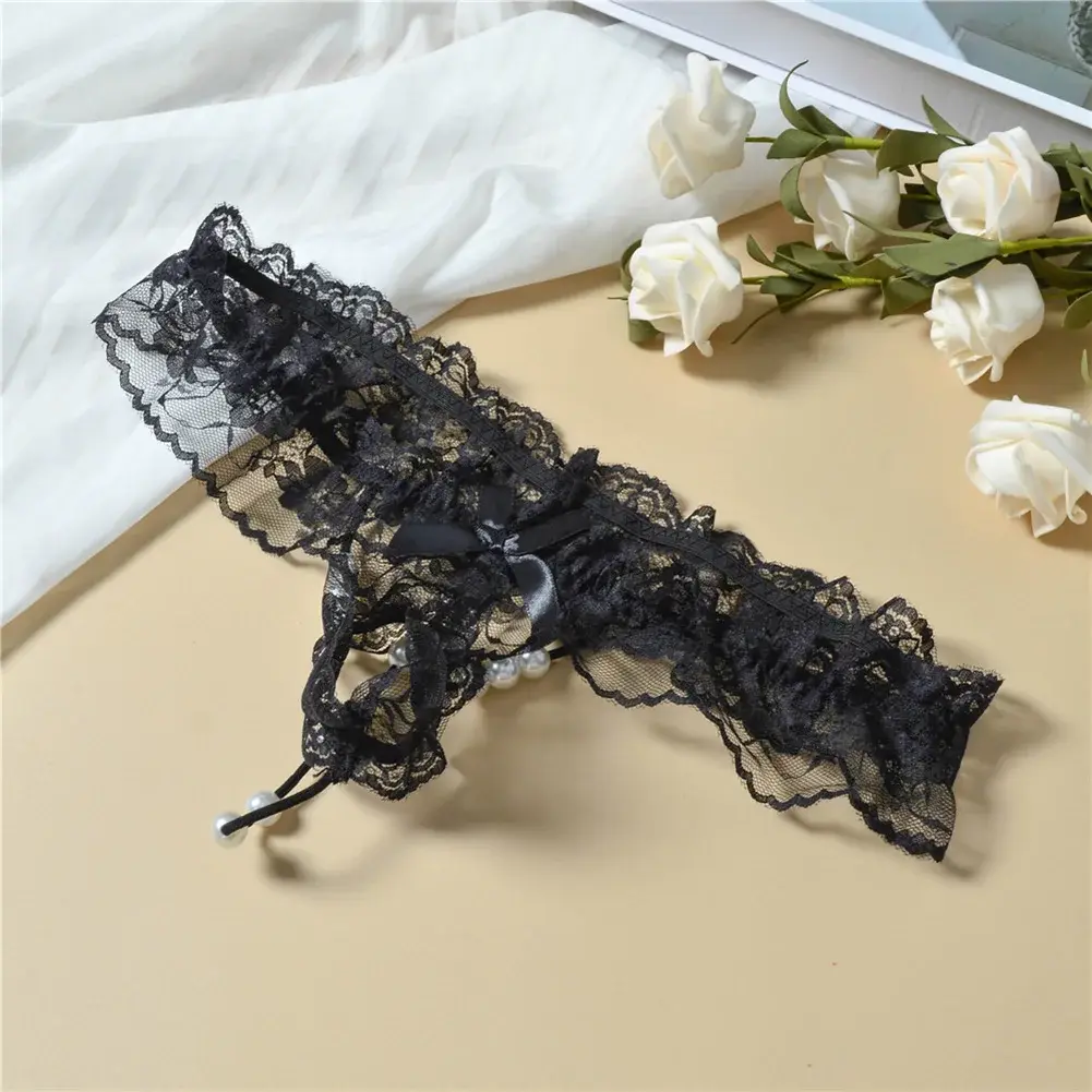 Men Lace T-Back Underwear Bow Elastic Waist G-String Pearl Lingeries For Man Sissy Panties Sexy Accessories Thongs Men's Panties