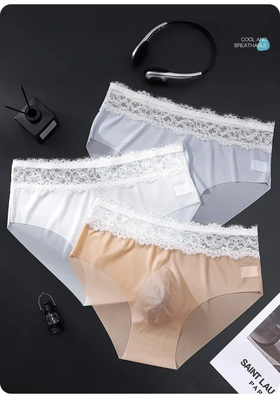 Pantaloni a triangolo da uomo in seta ghiacciata con bordo in pizzo, biancheria intima da uomo sottile traspirante senza tracce, slip maschili morbidi e confortevoli a vita bassa — image 10