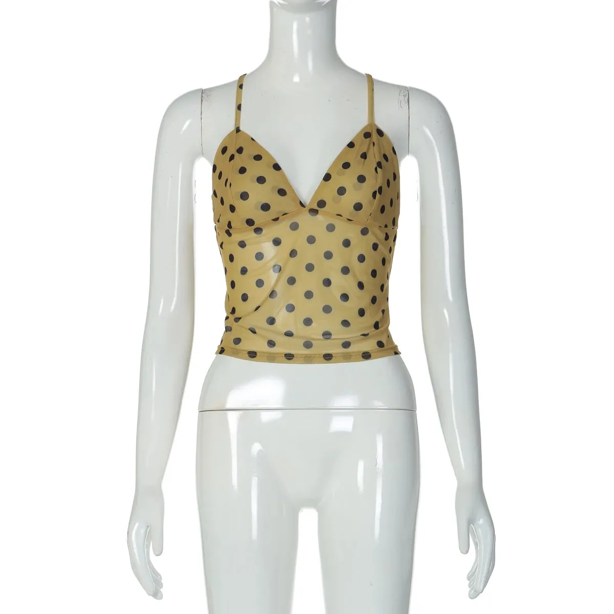 Hugcitar Spot Print V λαιμόκοψη Slips χωρίς πλάτη κορδόνια επάνω Sexy See Through Slim Crop Tank Top Women Fashion Outfit Vacation Party Club