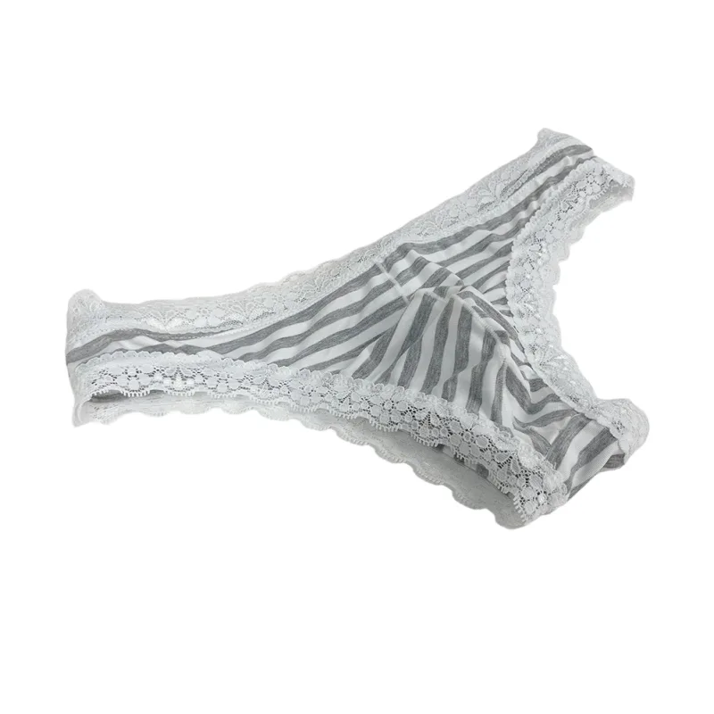 Men Lace Trim Striped G-string Underwear Half-covered Butt Low-rise Pantie Thong Half Hip Men Briefs Mens Sexy Underwear