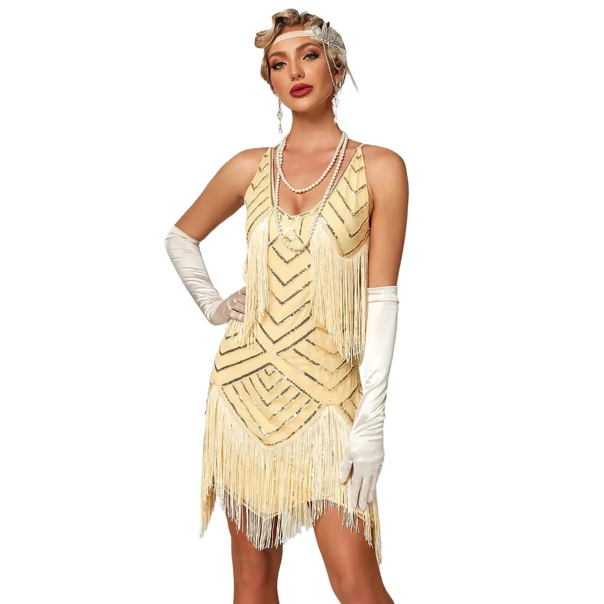 Flapper Roaring Plus Size 20s Great Lady Μίνι Κοντό Φόρεμα Gatsby με κρόσσια παγιέτα Beaded Lady Mini Tassels Φορέματα διακόσμησης — image 6