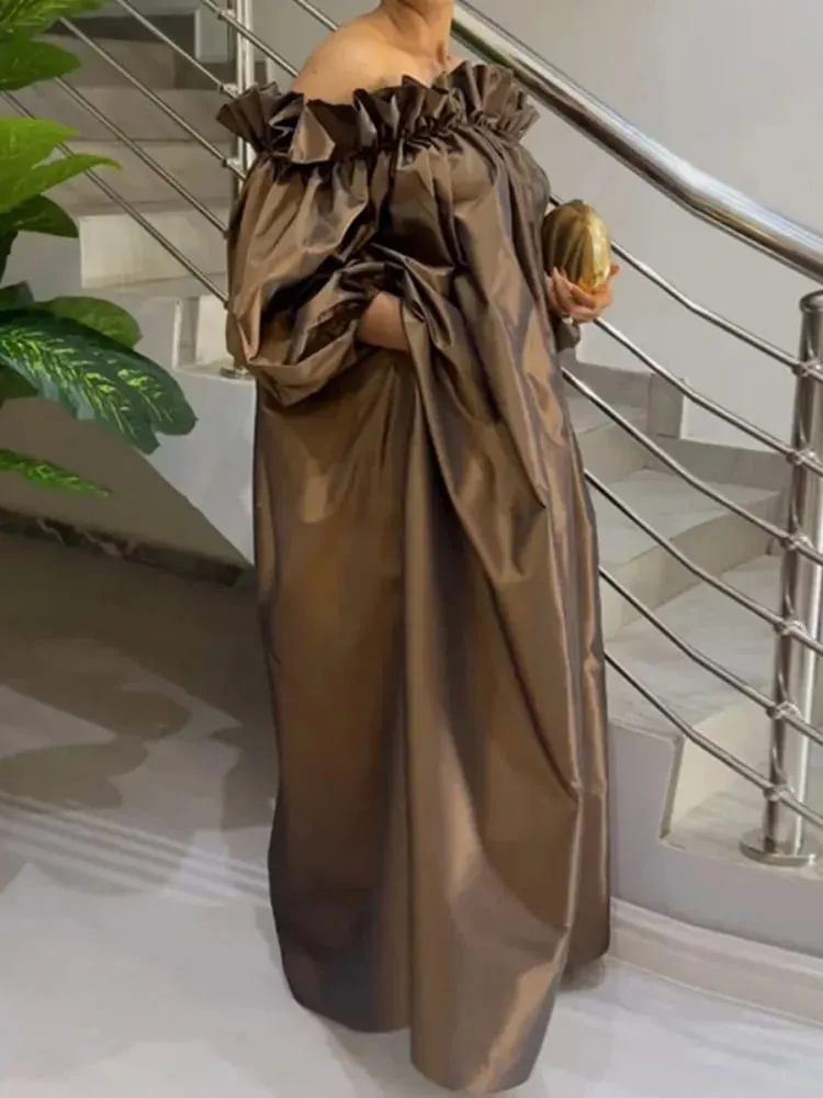 Freeacy Summer Women's Dress Solid Color Elastic Off-the-shoulder Puff Sleeve Loose Maxi Dress 2026 Fashion Casual Party Dresses