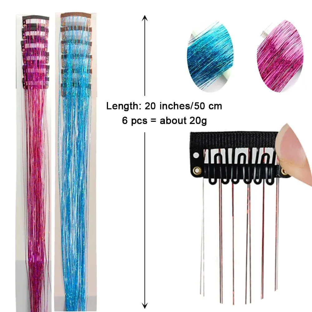 Επεκτάσεις μαλλιών 20 ιντσών Glitter Tinsel με κλιπ σε 6 τμχ/Σετ συνθετικό κλιπ σε Sparkle Fairy Hair Αξεσουάρ για Γυναικεία Παιδιά