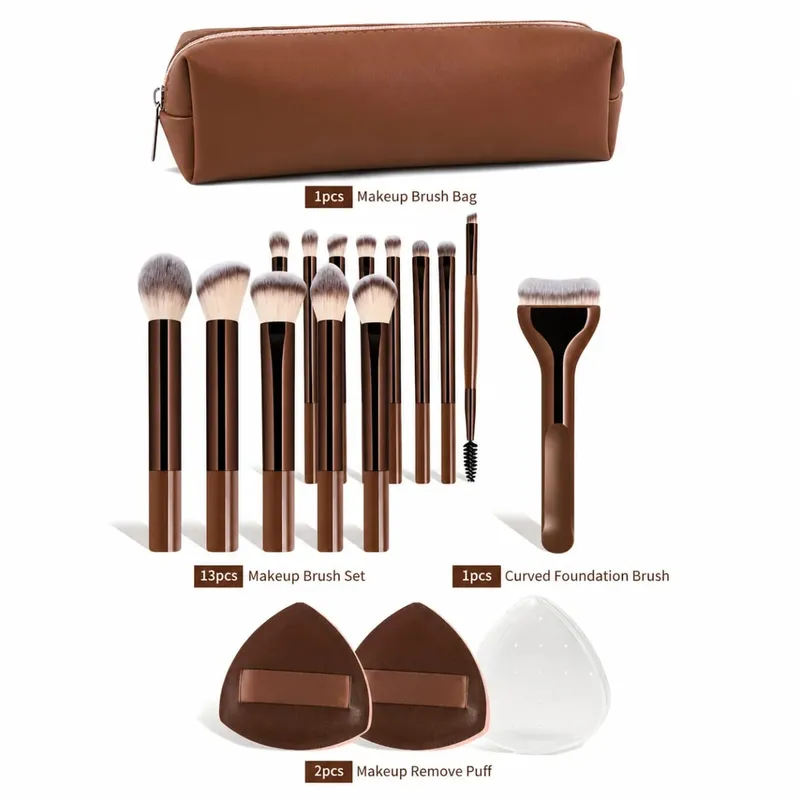 17 Chiếc Bộ Cọ Trang Điểm Có Túi & 2 Puff Kem Nền Phấn Mắt Phấn Mắt Lông Mày Cọ Môi Du Lịch Dụng Cụ Làm Đẹp quà Tặng — image 2