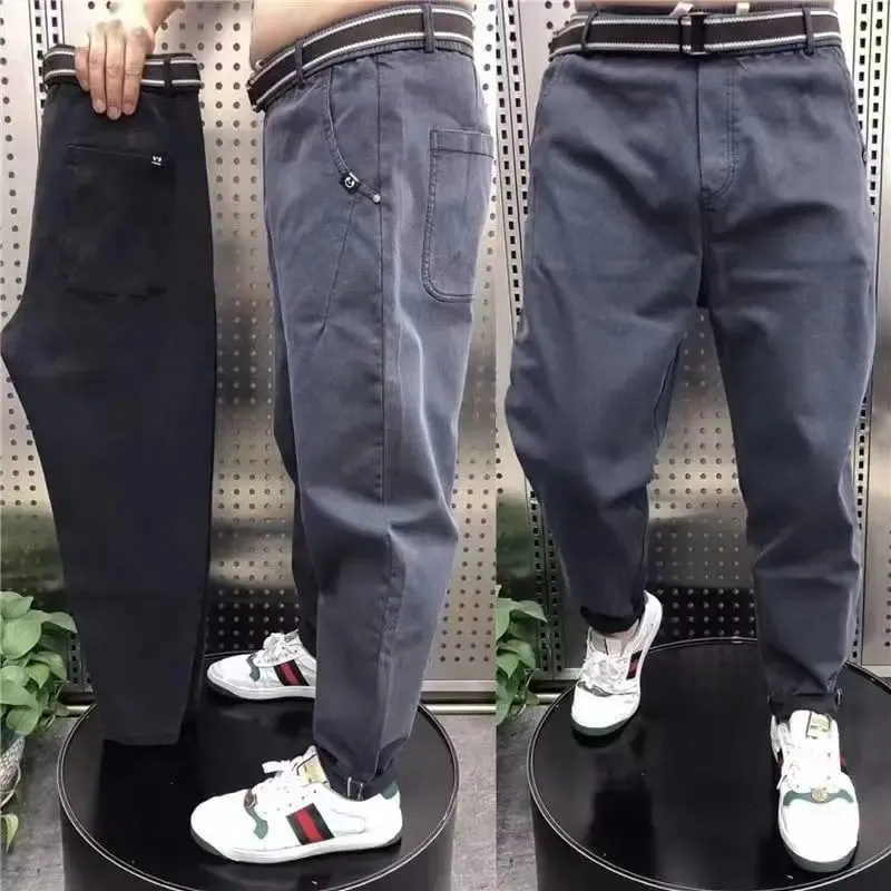 Harajuku Stretch Korea Streetwear רופף ג'ינס ג'ינס מוצק מותן אלסטי לגברים אביב קיץ חדש פלוס מידה 7XL 8XL מכנסיים מזדמנים