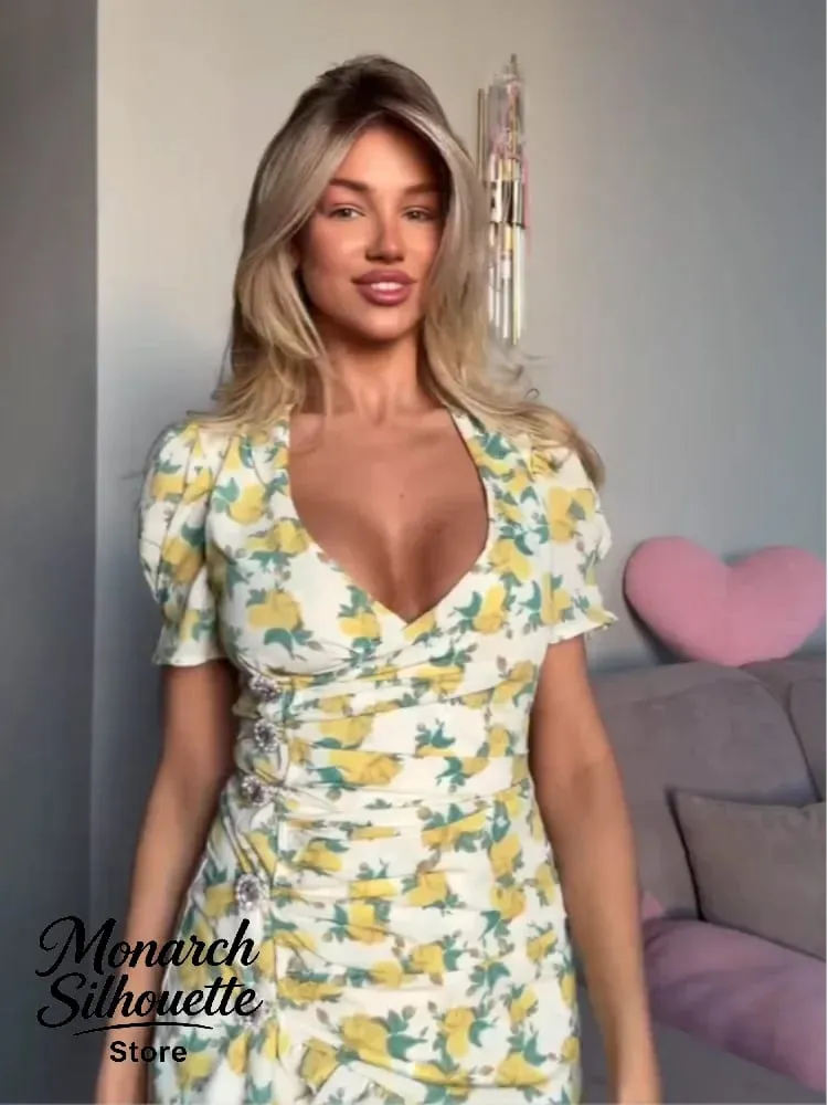 Chic Ruffle Print Slim Short Dress Women Chic Patchwork Flared sleeves V-neck Pleated Dresses 2026 Lady Summer Casual Vestidos — image 3