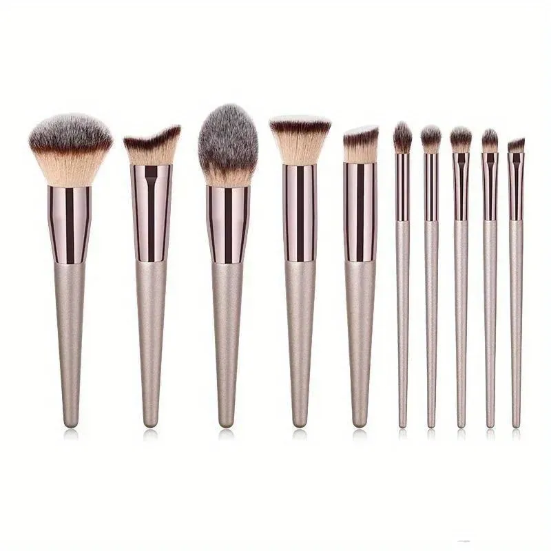 10 Buah Kuas Rias Emas Sampanye Set Lengkap Foundation Loose Powder Blush Concealer Eye Shadow Set Profesional
