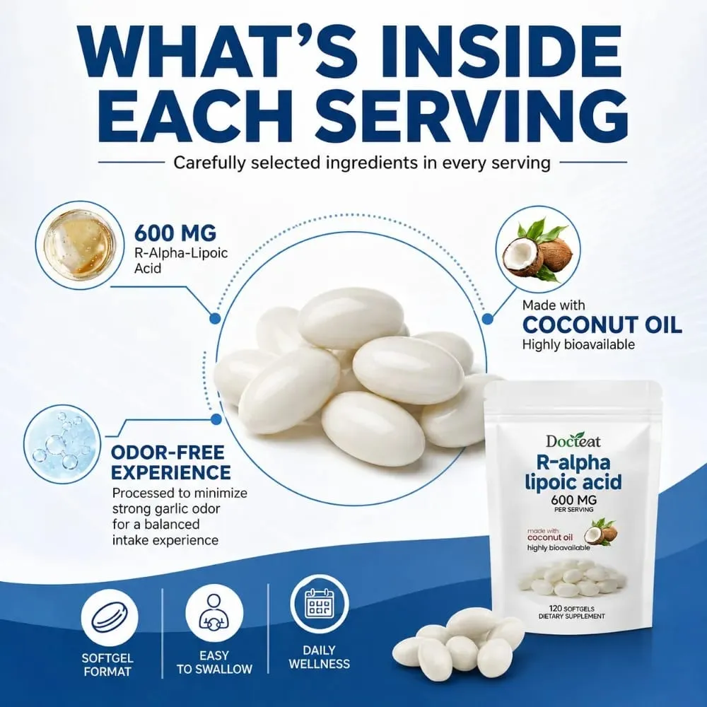 Μαλακές γέλη R-Alpha Lipoic Acid 600 mg ανά μερίδα 120 Αριθμός Φτιαγμένο με λάδι καρύδας Βολική καθημερινή διατροφική υποστήριξη ευεξίας — image 7