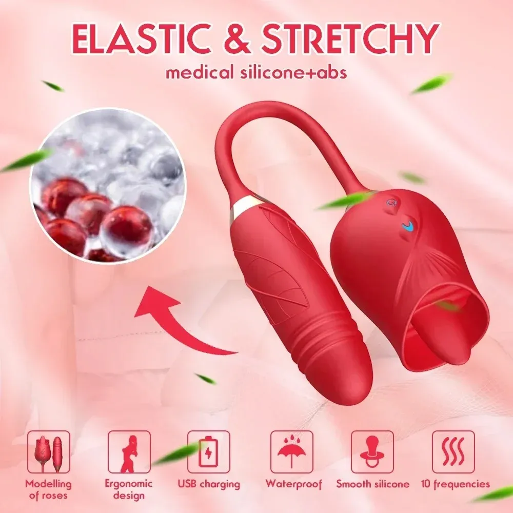 Rose Licking Vibrator for Women Telescopic Dildo Powerful Thrusting Vagin Massager Tongue Clitoris Stimulation Adult Sex Toys