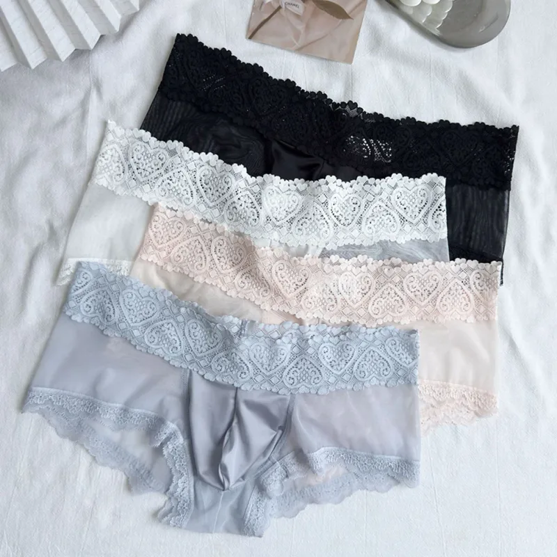 Men Ice Silk Lace Trim Thin Seamless Briefs Glossy 3D Pouch Lightweight Underwear Panties Comfortable Daily Lingerie — image 4