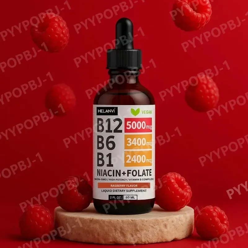 Vitamin B12 Liquid Drops 60ml Raspberry Flavor with Vitamin B6+B1 Etc Multivitamin Support Energy Recovery & Brain Heart Health