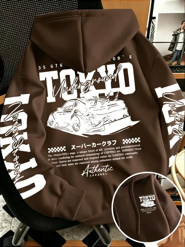 Sweat-shirt à capuche pour hommes, nouvelle collection automne hiver, course souterraine de Tokyo, dessin de ligne imprimé, haut tendance de rue japonaise