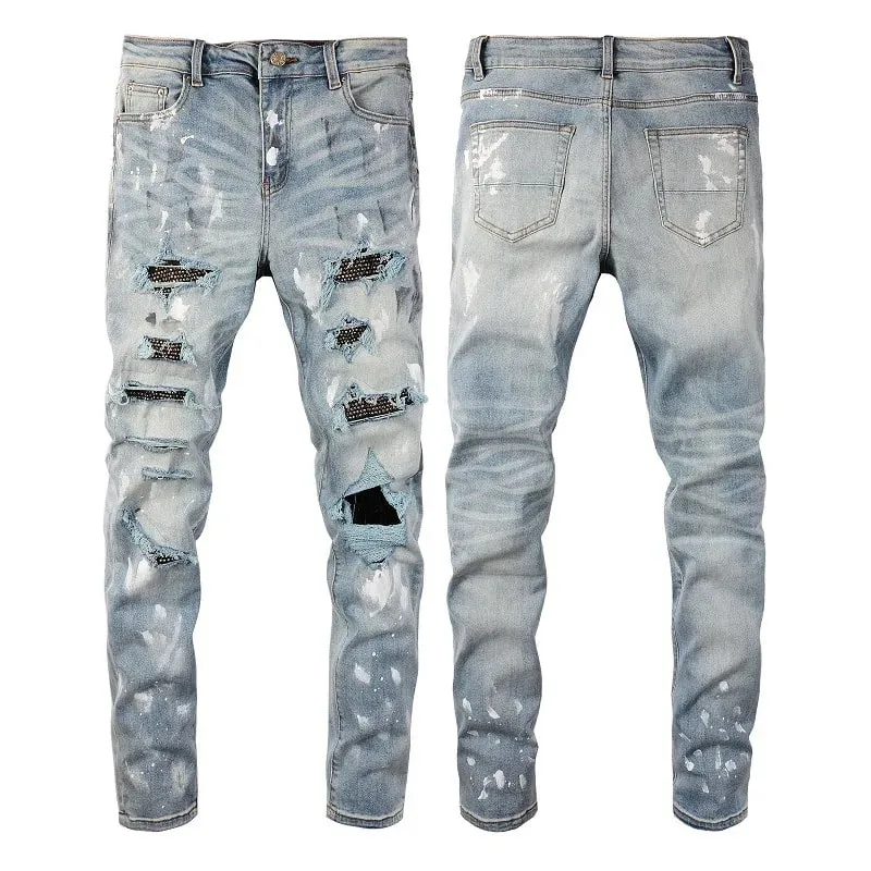 Kék High Street Lyukak átlátszó kristályok Patchwork Stretch karcsúsított strasszok foltok Szomorú szakadt graffiti farmerek Férfi — image 2