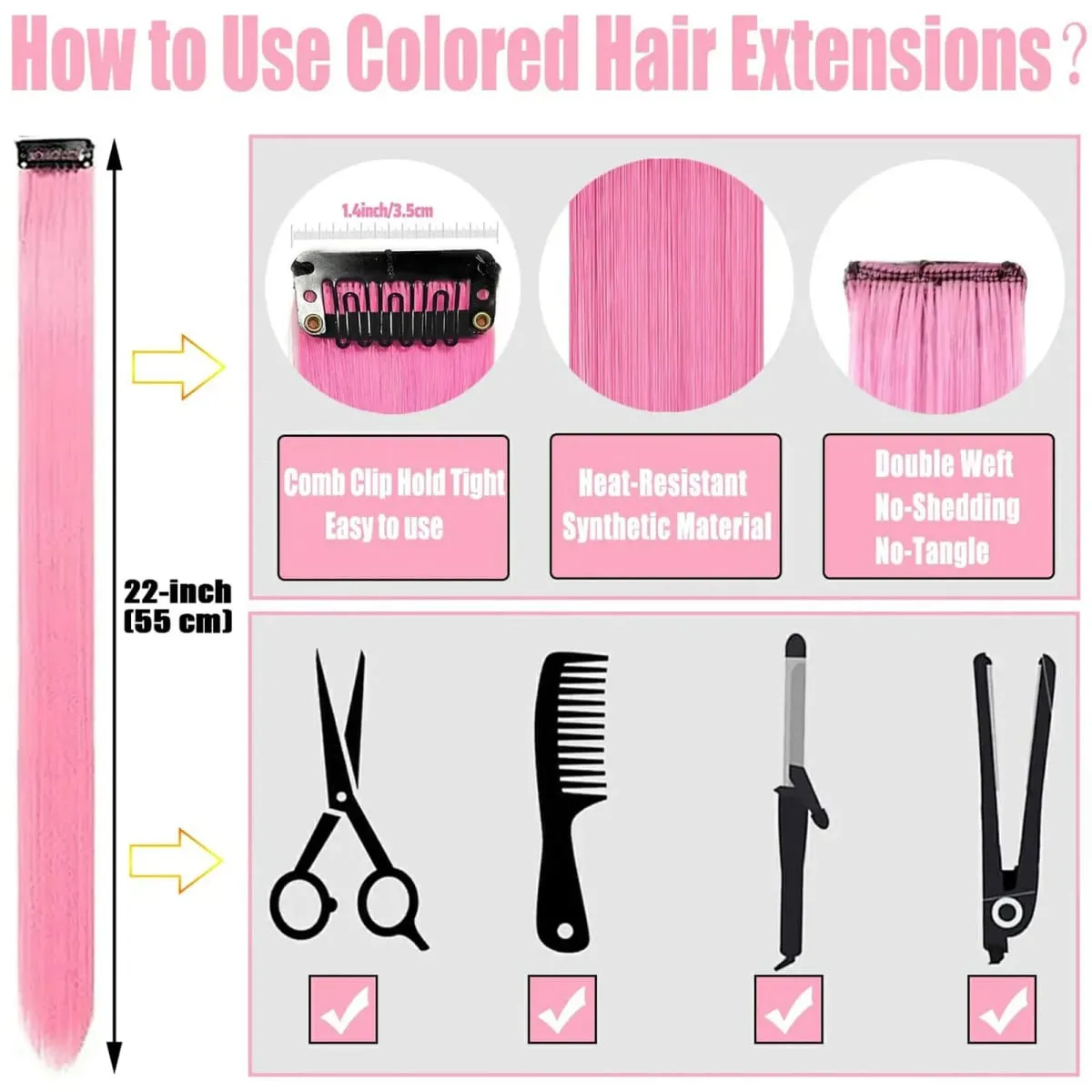 Clip in Hair Extensions Colored Party Highlights 22 inches 6pcs/pack Multi-colors Straight Hair Synthetic Hairpieces Royal Blue — image 7