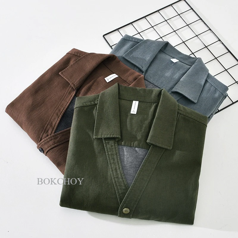 Autumn New Vintage Cotton Linen Loose Comfort Jackets for Men Seagull Collar Sense of Layering Streetwear Men Tops ECY2521