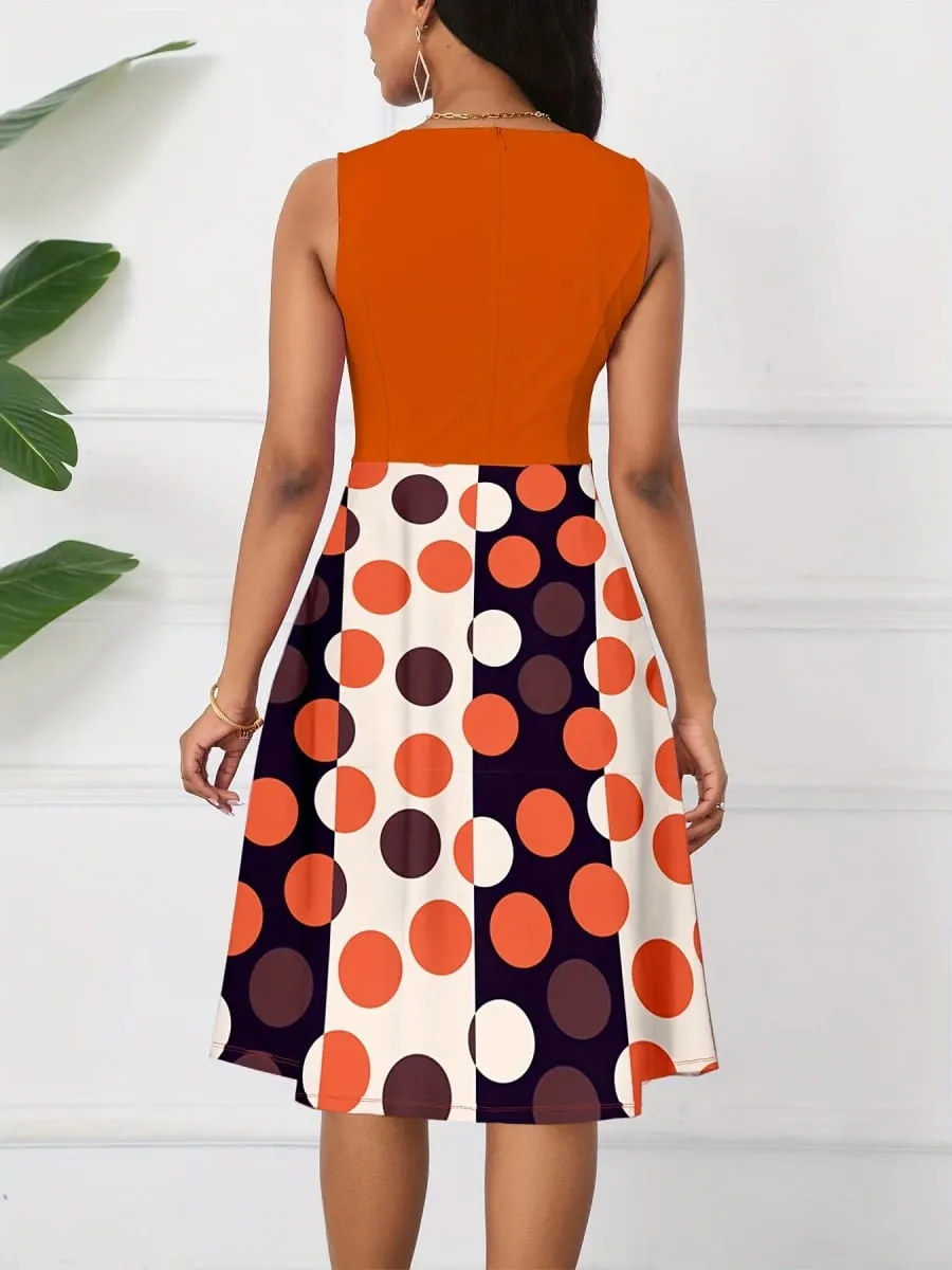 Womens Summer Twist Crew Neck Sleeveless Peplum Polka Dot Patchwork Casual Elegant Fit And Flare Party ALine Swing Dress