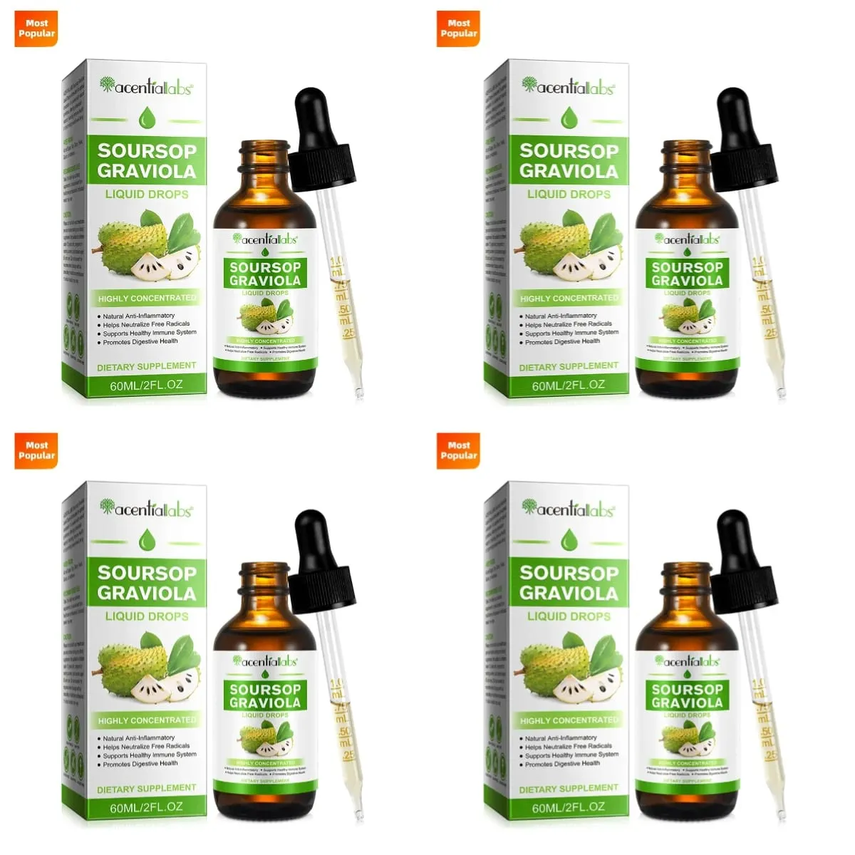 Acentiallabs Hot Sale 60ml Soursop Bitter Liquid Drops Dietary Supplements 100% Pure Organic Soursop Graviola Extract for Adlut