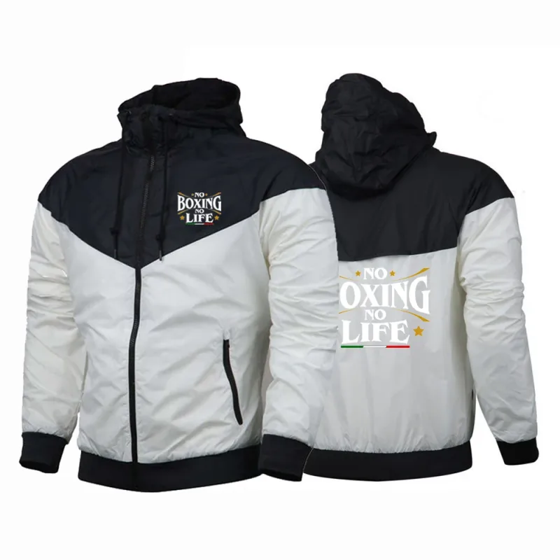 2025 No Boxing No Life Gym hombres primavera y otoño fino a prueba de viento Casual con capucha Color a juego moda estampado rompevientos abrigo