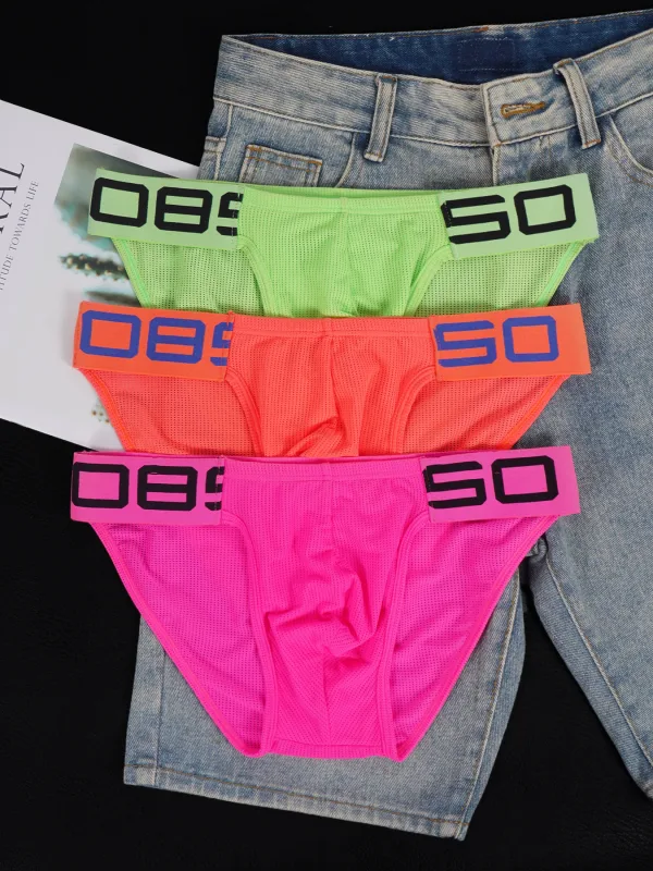Men's Nylon Blend Mesh Breathable Briefs Horn Splice Letter Embossed Wide Elastic Waistband Fluorescent Color Sexy Underwear — image 6
