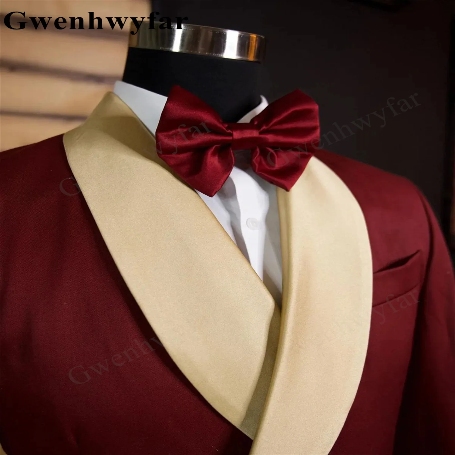 Gwenhwyfar Men's Deep Burgundy And Gold Satin Fabric Suits Tailored 2 Pieces Blazer Black Pants Two Button Shawl Lapel Wedding — image 2