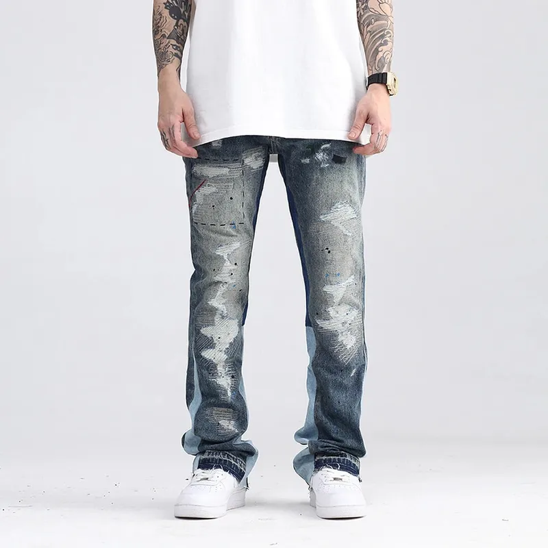 Blue Speckle Ink Washed Flared Jeans Slim Fit Hip Hop Graffiti Ripped Denim Παντελόνι Ανδρικό Streetwear Vintage Φαρδύ τζιν παντελόνι Y2k