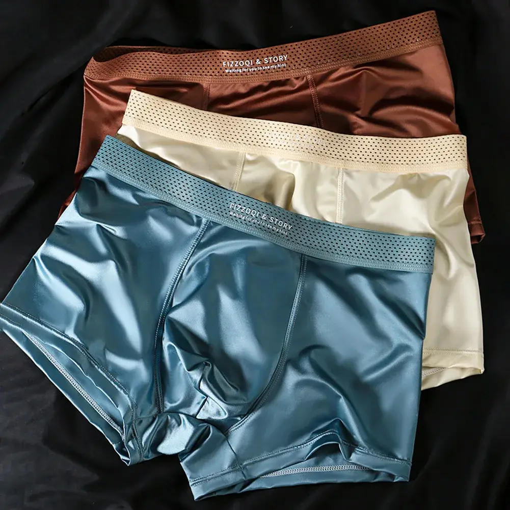 1pc Mga Lalaking Satin-like Ice Silk Boxer Makinis na Panty Hollow Out Waistband Panloob na Nakahinga Solid na Kulay na Kasuotang Panloob Trunk