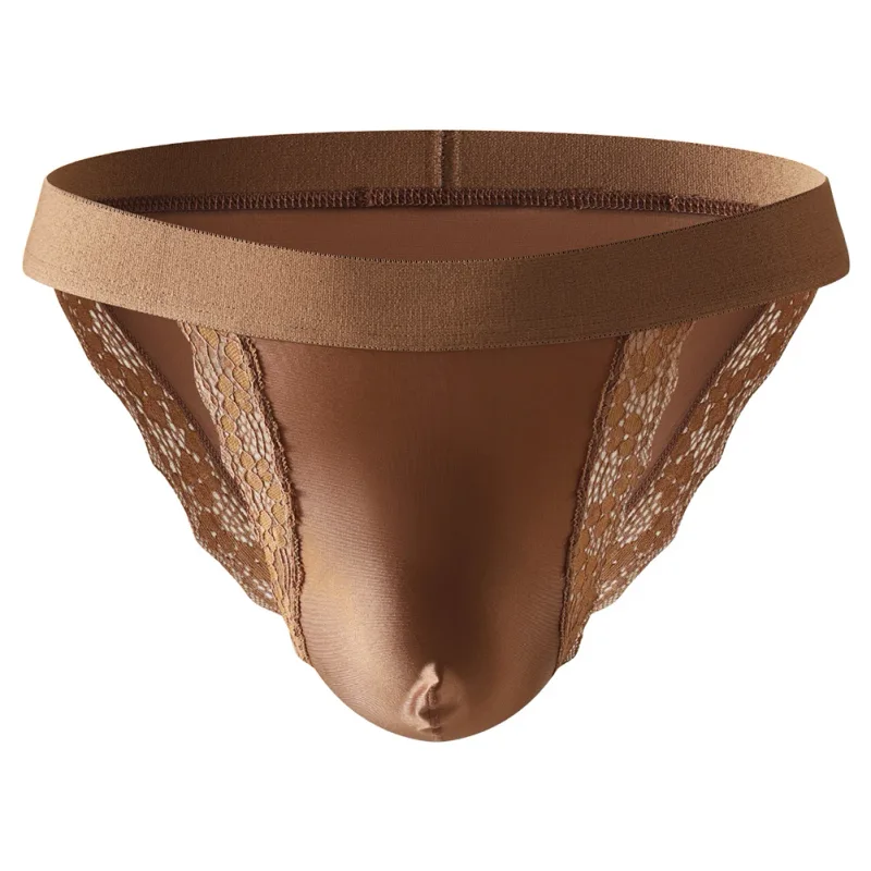 Satin-like Comfortable Men Panties Lace Trim Briefs Sexy High Fork Bikinis Underwear Breathable Low Waist Pouch