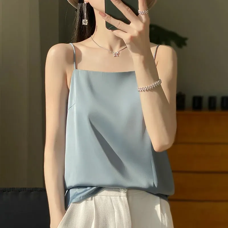 New Ice Silk Sexy Satin Strap Women's Spring/Summer Vest Solid Color Sleeveless Sexy Comfortable Silk Underwear Vest RW-D19