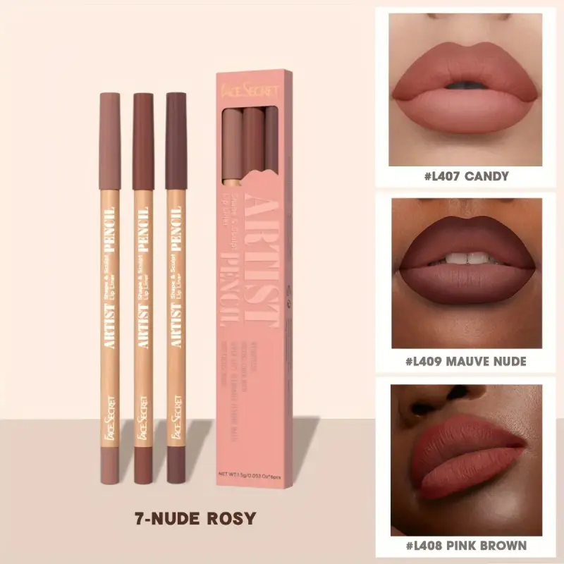 Face Secret 3 τμχ Σετ Nude Lip Liner Φυσικό ματ μακράς διαρκείας αδιάβροχο μακιγιάζ με μολύβι χειλιών με γάντζο γραμμής υψηλής χρωστικής