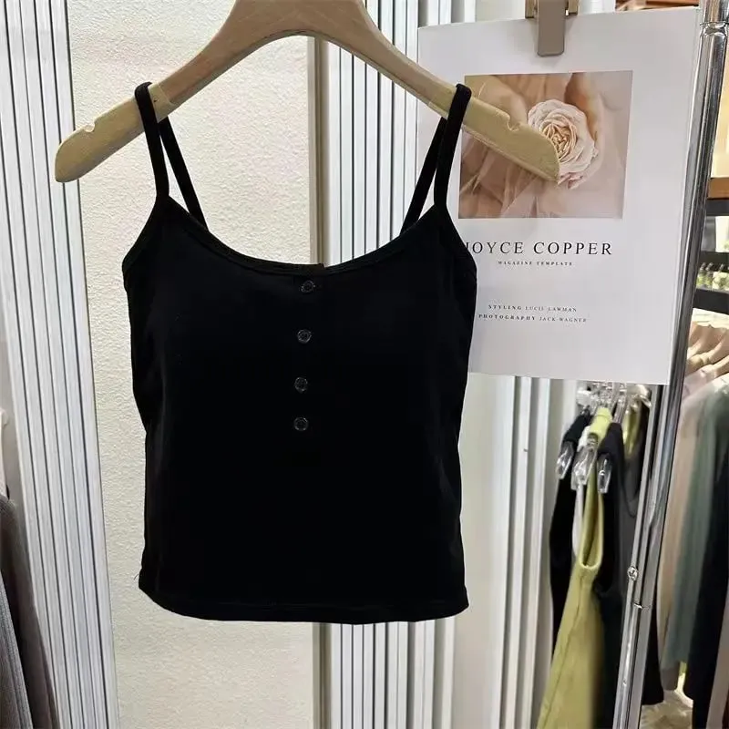Integrated Stripe Women's Vest Inner Wear Outer Wear Button Fixed Cup No Bra Sports Top Short Style Cotton 100% Short Vest — image 11