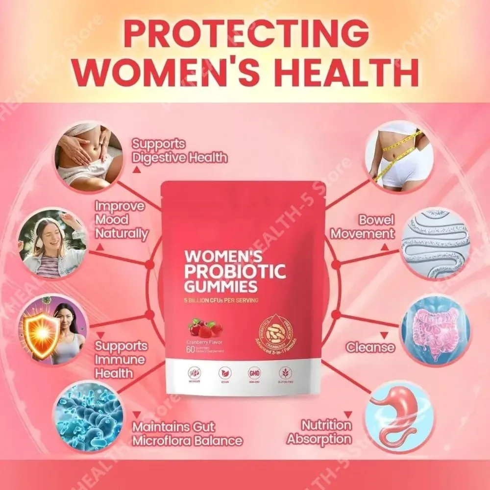 Women Probiotic Gummies with Prebiotic Fiber 5 Billion CFU Support Gut Digestive Balance Immune Defense Women PH Wellness 60 Ct