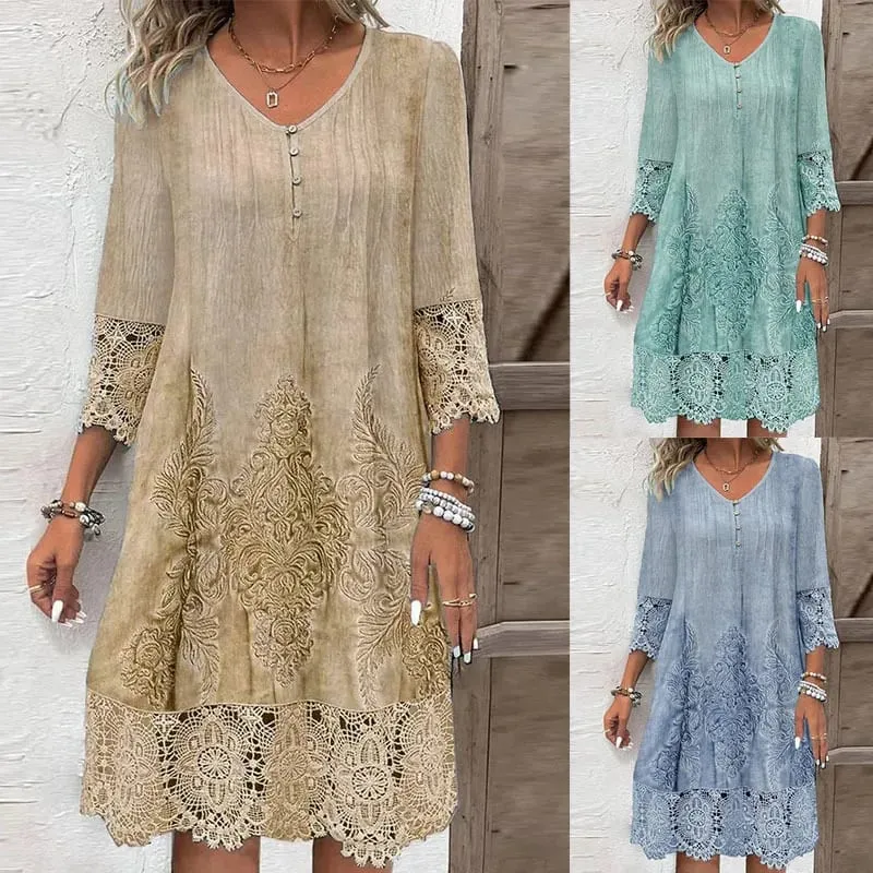 Fashion Summer Dresses 2024 Summer New 3D Pattern Lace Splicing Hollowed Out Midi Dress Casual Short Sleeve Dresses Lady Vestido — image 4